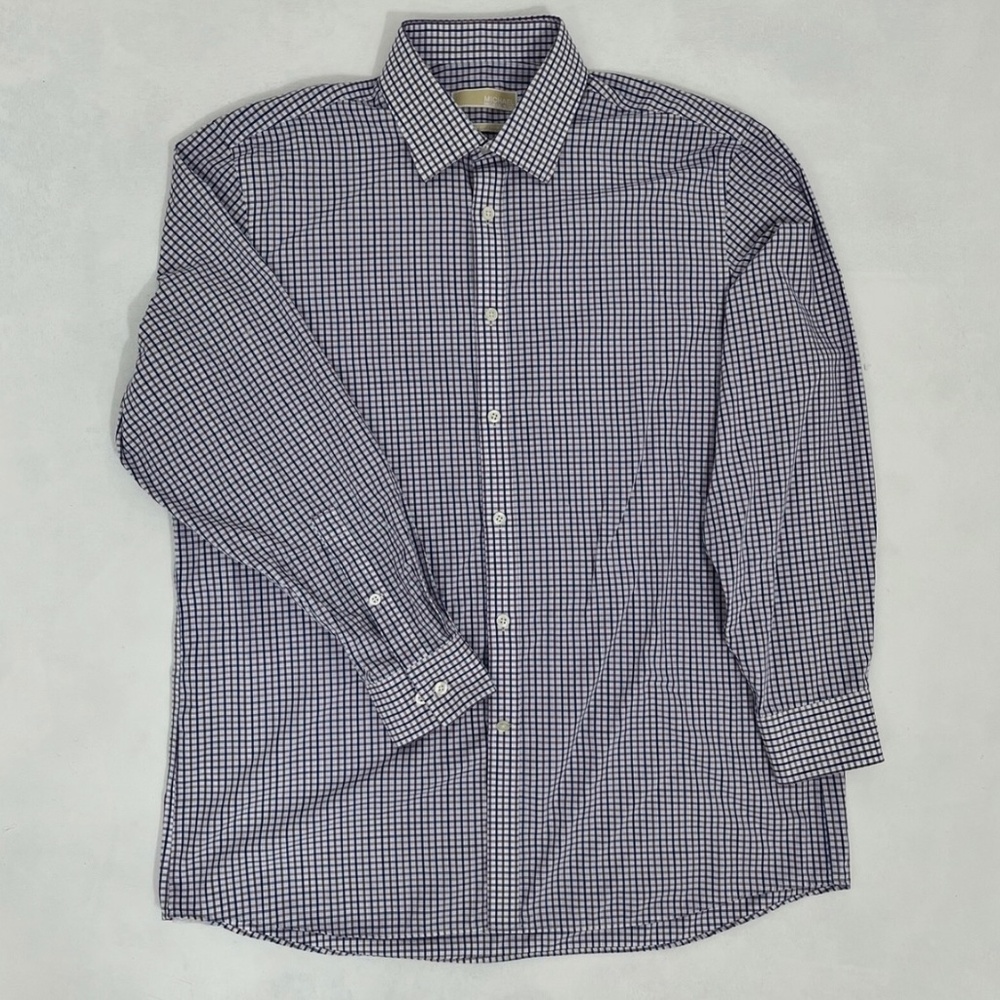Michael Kors Men’s 16.5 32/33 Dress Shirt White Purple Blue Plaid Cotton Reg Fit